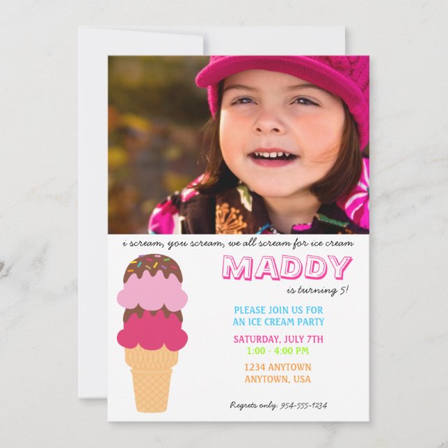 Invitación al cumpleaños del crema de hielo con fo (Anverso)