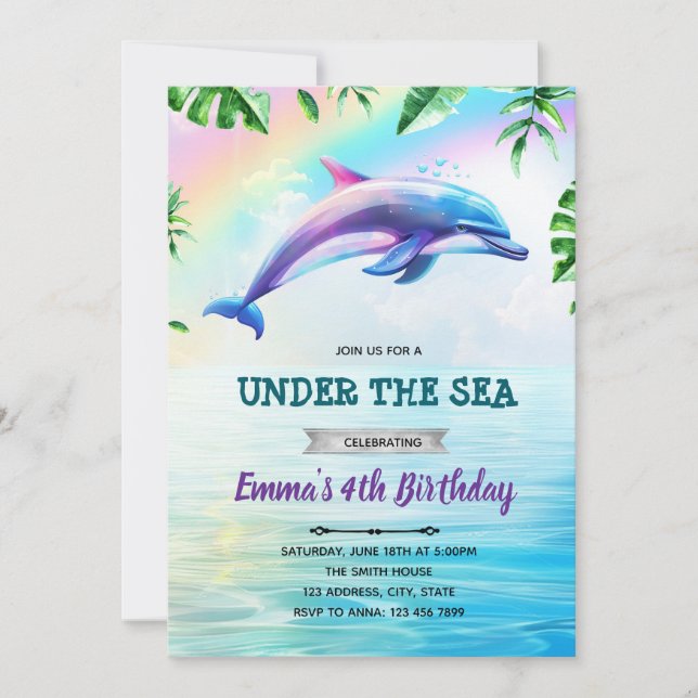 Invitación al cumpleaños del delfín arcoiris (Anverso)