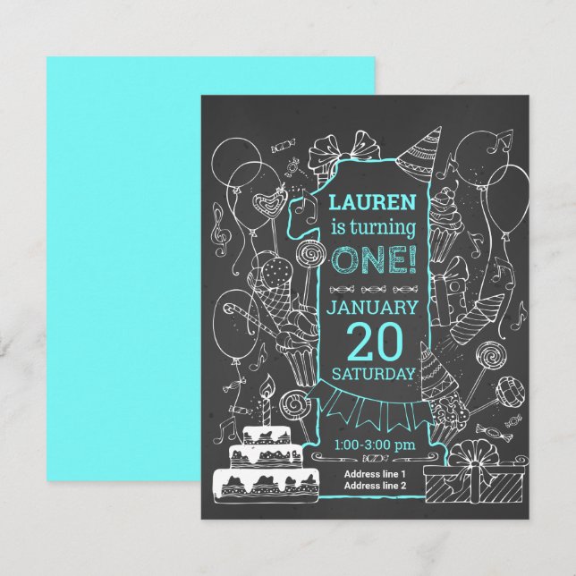 Invitación al cumpleaños del Doodle Art de Chalkbo (Anverso / Reverso)