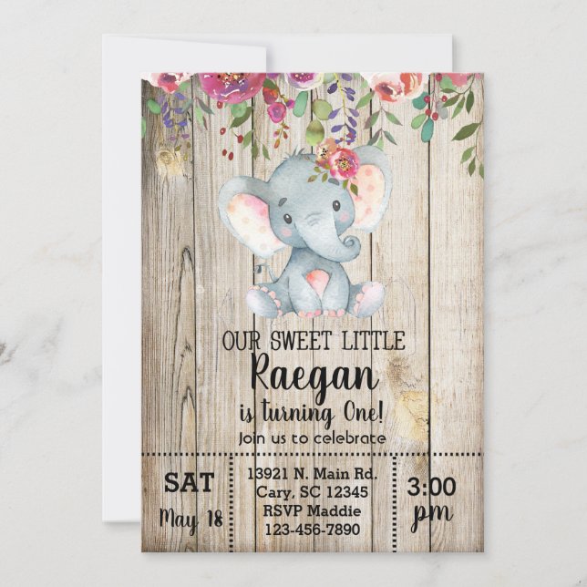 Invitación al cumpleaños del elefante chica, mader (Anverso)