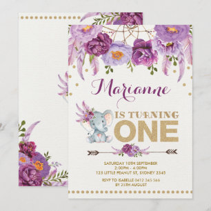Invitación al cumpleaños del elefante morado flora