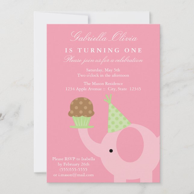 Invitación al cumpleaños del elefante rosa las 5 h (Anverso)