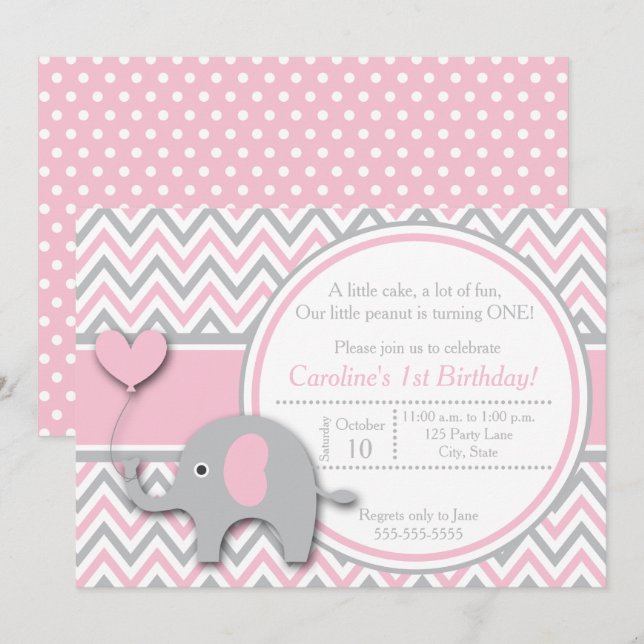 Invitación al cumpleaños del elefante, rosa y gris (Anverso / Reverso)