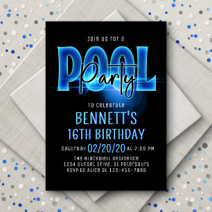 Invitación al cumpleaños del Fiesta Blue Neon Pool