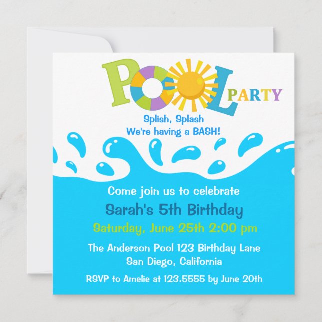 Invitación al cumpleaños del Fiesta de la piscina  (Anverso)