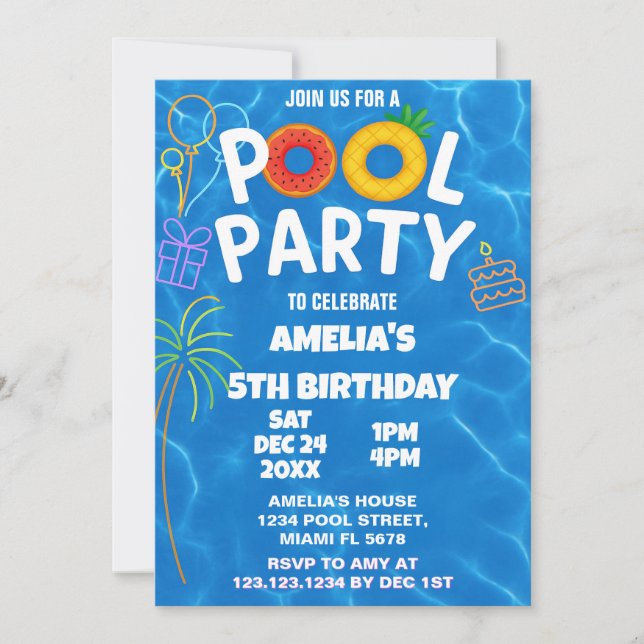 Invitación al cumpleaños del Fiesta de la piscina  (Anverso)