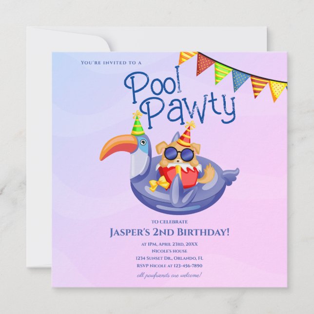 Invitación al cumpleaños del Fiesta de la piscina  (Anverso)