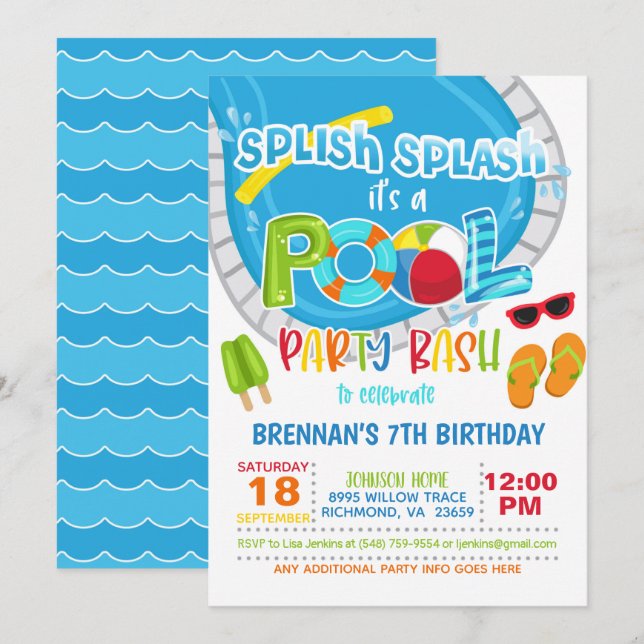 Invitación al cumpleaños del Fiesta de la piscina  (Anverso / Reverso)