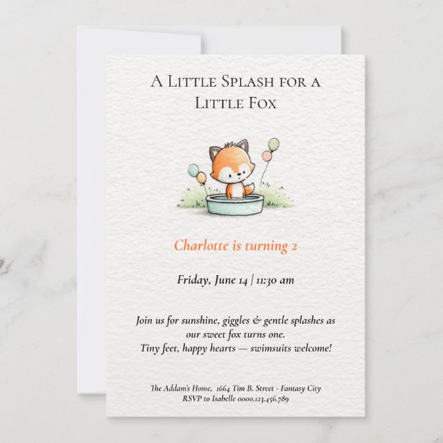 Invitación al cumpleaños del Fiesta Little Fox Poo (Anverso)
