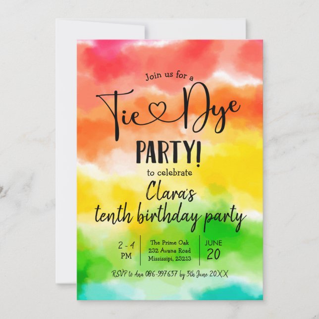 Invitación al cumpleaños del Fiesta Rainbow Tie Dy (Anverso)