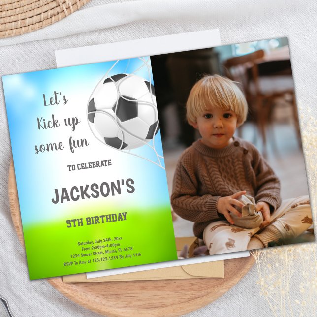 Invitación al cumpleaños del fútbol con foto (Ball in Net Soccer Birthday Invitations with photo)