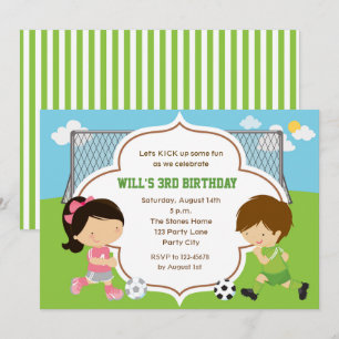 Invitación al cumpleaños del fútbol (niño y Chica)