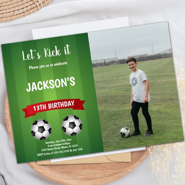Invitación al cumpleaños del fútbol rojo con foto (Red Soccer Birthday Invitations with photo)