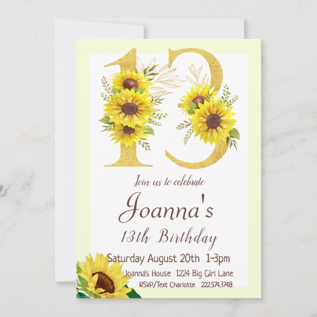 Invitación al cumpleaños del girasol, 13 cumpleaño (Anverso)