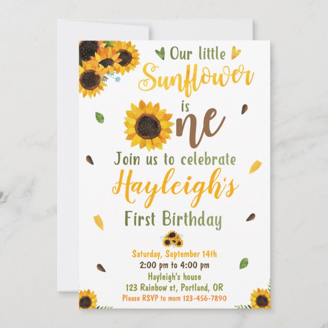 Invitación al cumpleaños del girasol 1 Primer cump (Anverso)