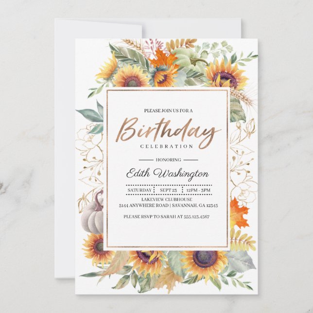 Invitación al cumpleaños del girasol otoño (Anverso)