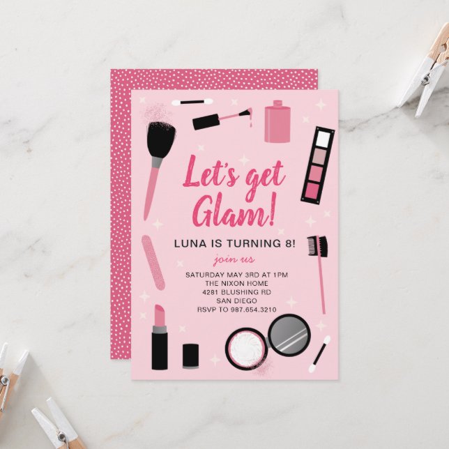 Invitación al cumpleaños del glamour de maquillaje (Anverso/Reverso In Situ)