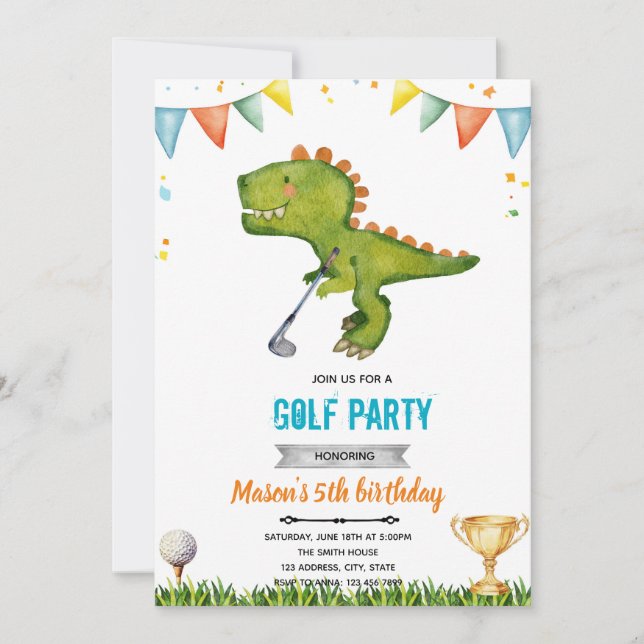 Invitación al cumpleaños del golf de Dinosaur (Anverso)