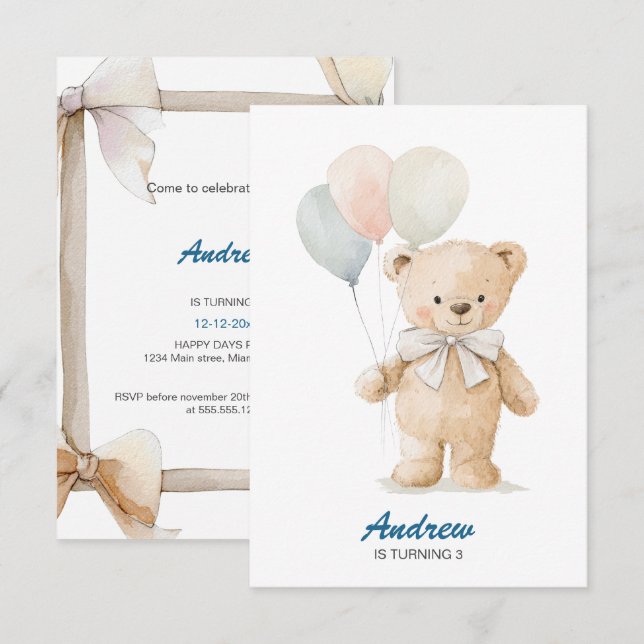 Invitación al cumpleaños del Ilustracion de oso be (Anverso / Reverso)