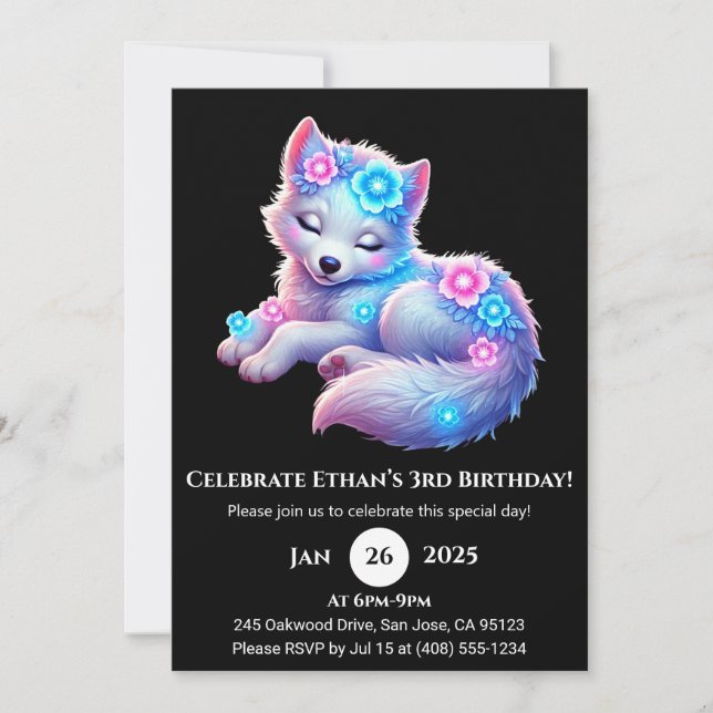 Invitación al cumpleaños del lobo floral soñador (Anverso)