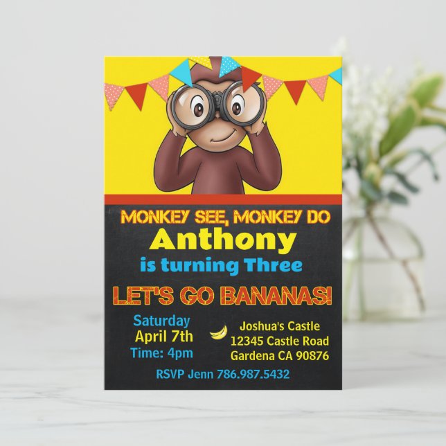 Invitación al cumpleaños del mono de Safari (Anverso de pie)
