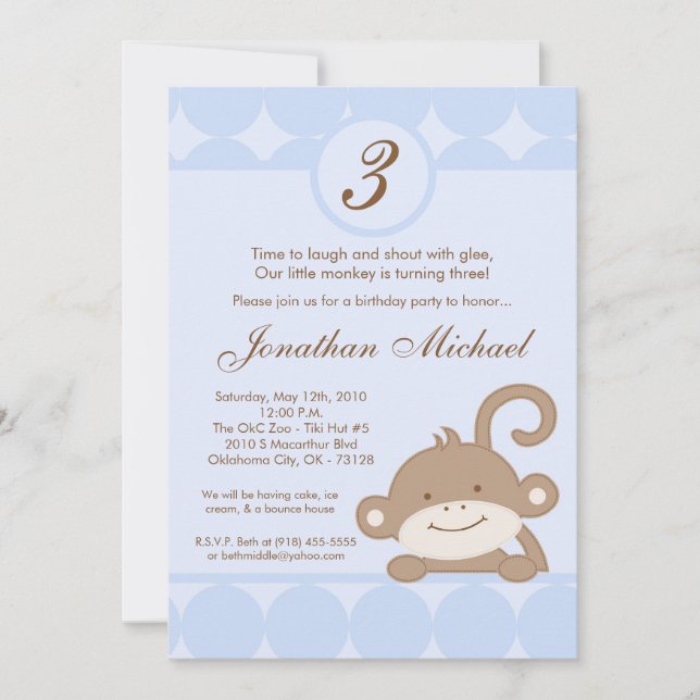 Invitación al cumpleaños del mono polka azul 5x7 (Anverso)