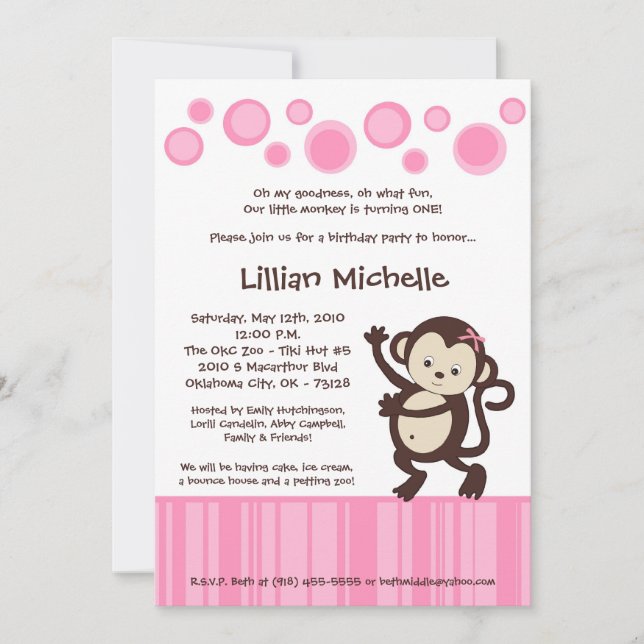 Invitación al cumpleaños del mono pop rosado de 5  (Anverso)