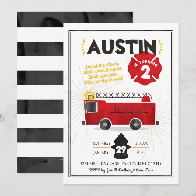Invitación al cumpleaños del motor de bomberos (Anverso / Reverso)