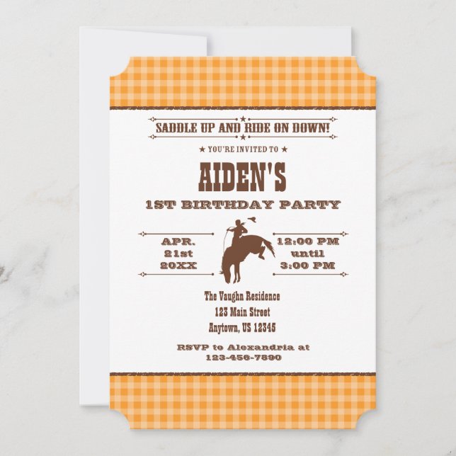 Invitación al cumpleaños del naranja Plaid Cowboy  (Anverso)