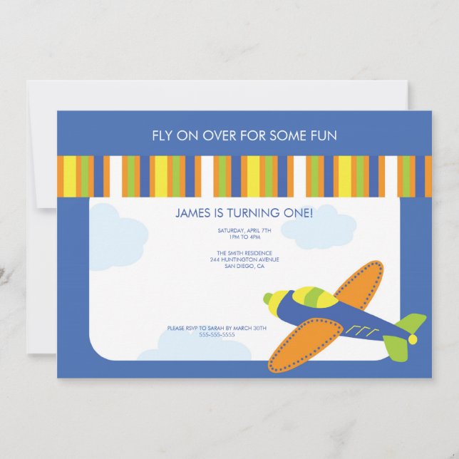 Invitación al cumpleaños del niño al avión azul (Anverso)