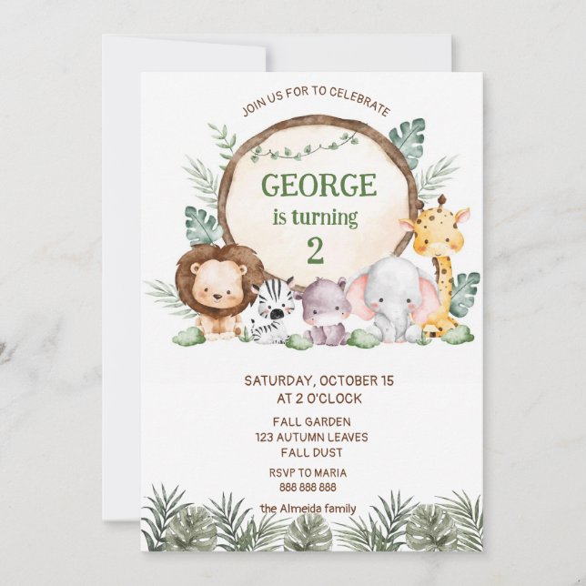 Invitación al cumpleaños del niño de animales de S (Anverso)