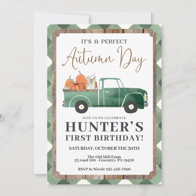 Invitación al cumpleaños del niño otoño, primer cu (Anverso)