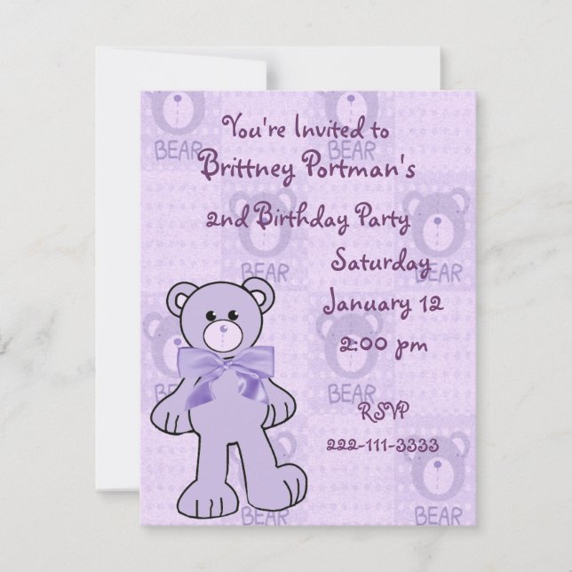 Invitación al cumpleaños del oso morado Teddy (Anverso)