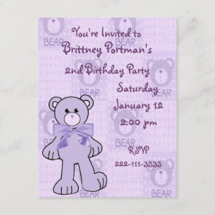 Invitación al cumpleaños del oso morado Teddy