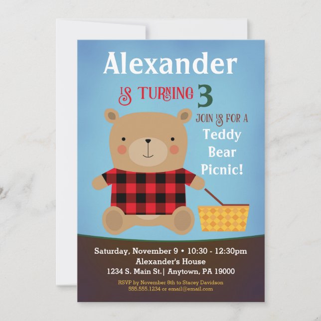 Invitación al cumpleaños del oso niño picnic Teddy (Anverso)