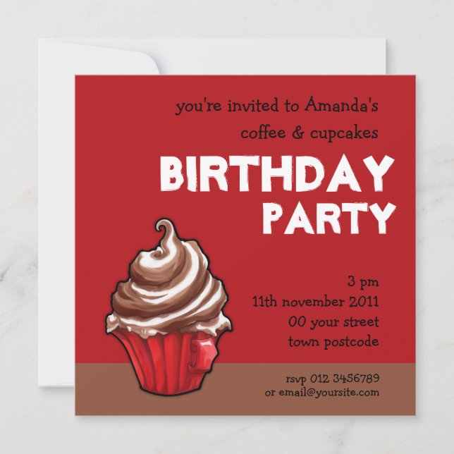 Invitación al cumpleaños del pastel rojo del café  (Anverso)