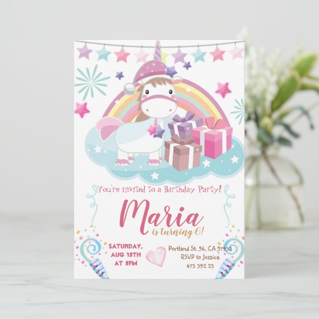 Invitación al cumpleaños del Pastel Unicornio Rain (Anverso de pie)