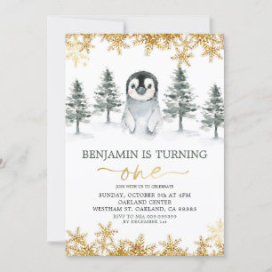 Invitación al cumpleaños del penguin Winter Gold S