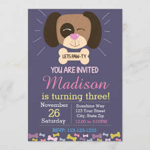 Invitación al cumpleaños del perro (púrpura)
