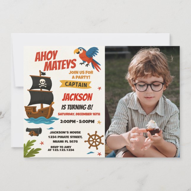 Invitación al cumpleaños del personalizado Pirata  (Anverso)