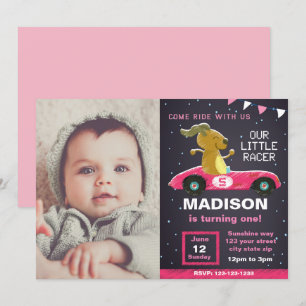 Invitación al cumpleaños del piloto de coches rosa