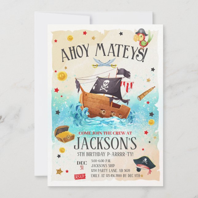 Invitación al cumpleaños del pirata del niño (Anverso)