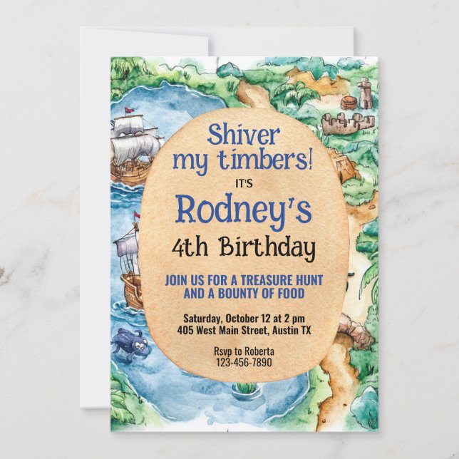 Invitación al cumpleaños del pirata Treasure Hunt (Anverso)