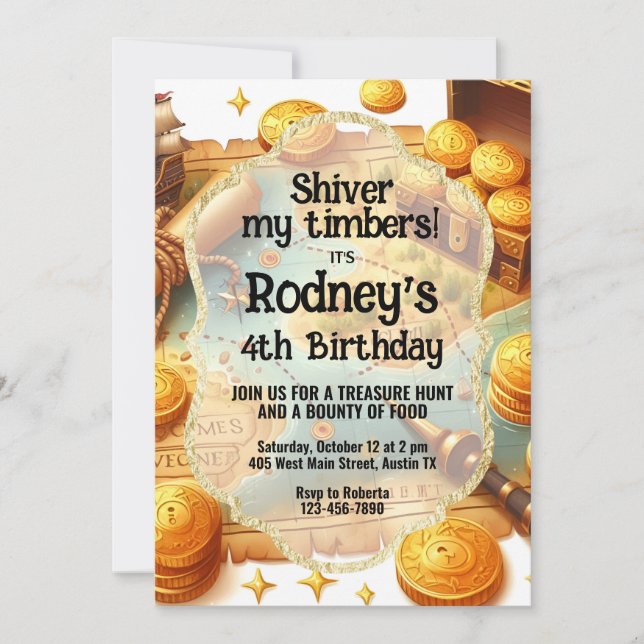 Invitación al cumpleaños del pirata Treasure Hunt (Anverso)