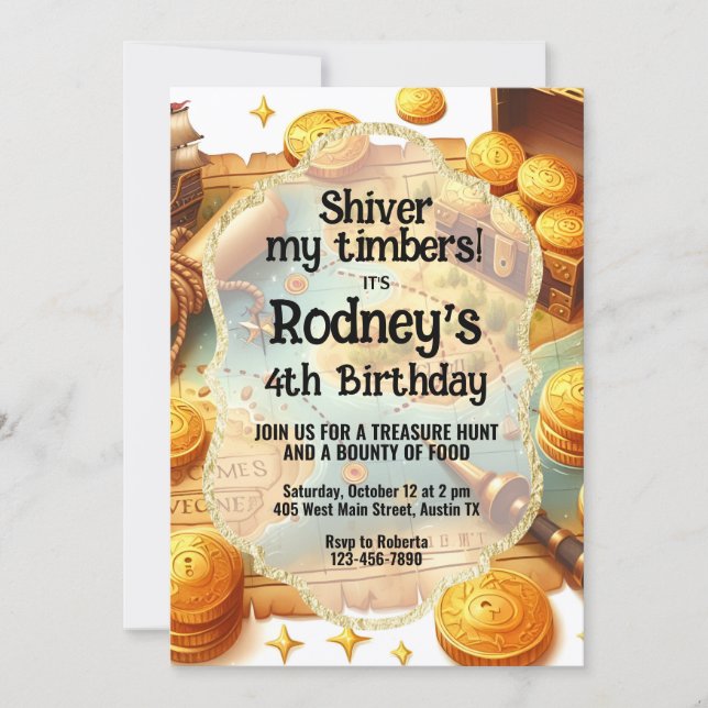 Invitación al cumpleaños del pirata Treasure Hunt (Anverso)