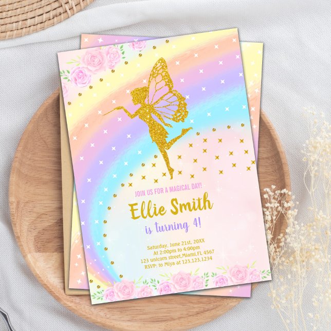 Invitación al cumpleaños del Purpurina arcoiris ed (Rainbow Glitter Fairy Birthday Invitations)