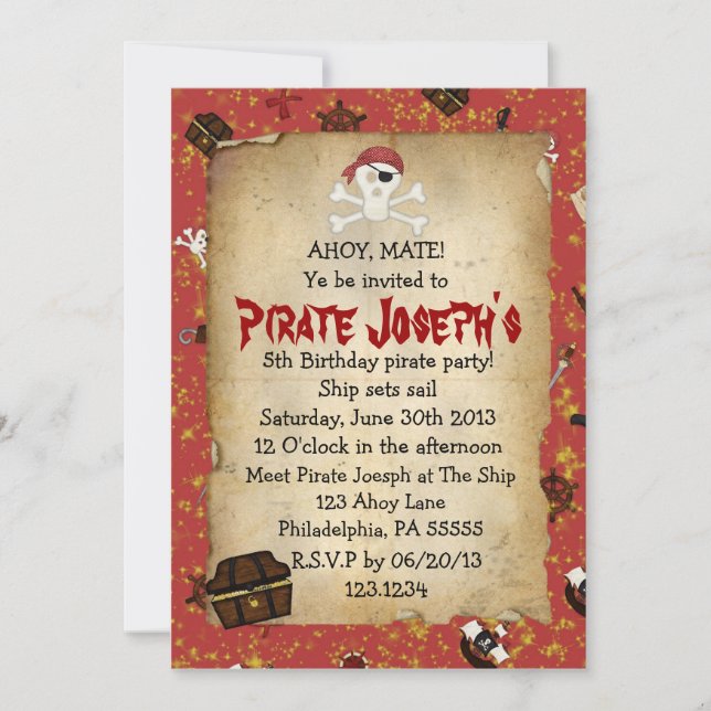 Invitación al cumpleaños del tema del pirata (Anverso)