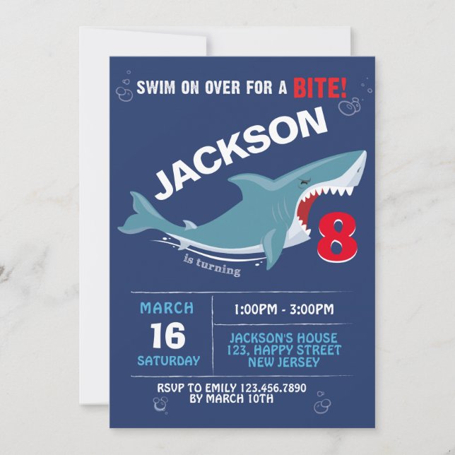 Invitación al cumpleaños del tiburón. Bite fiesta (Anverso)