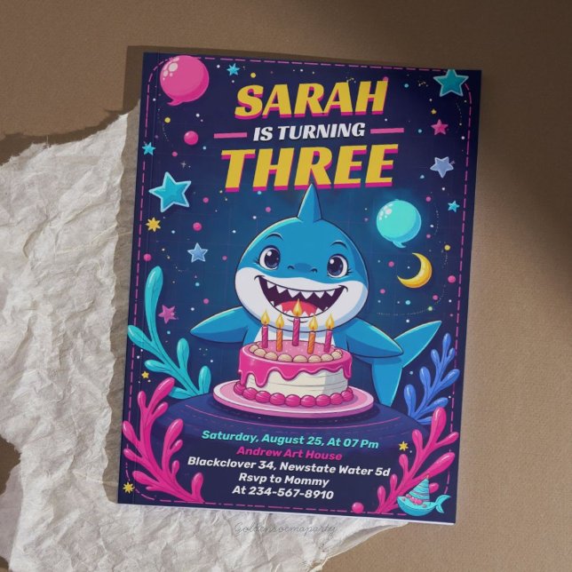 Invitación al cumpleaños del tiburón blanco | Fies (Cute Shark Birthday Invitation  Underwater Party
)