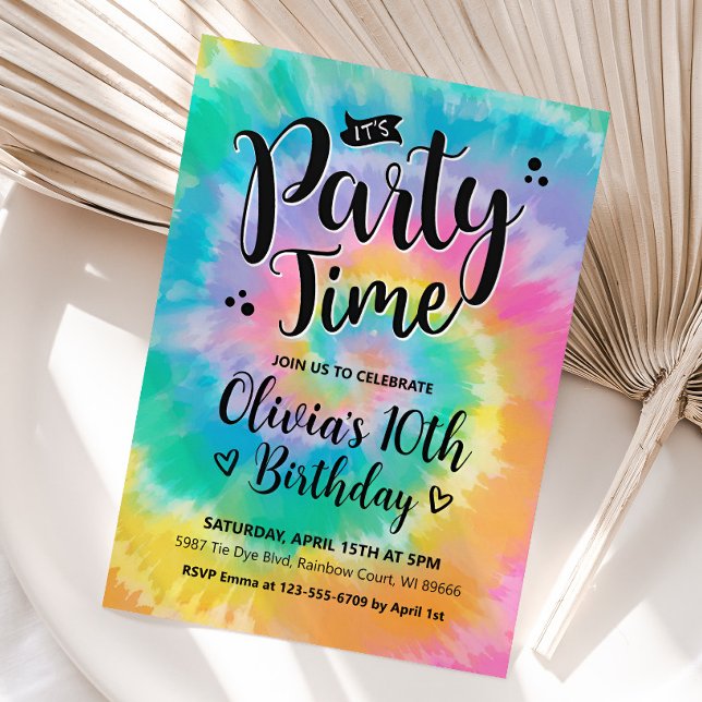 Invitación al cumpleaños del tinte de aguijón, tin (Tie Die Girl Birthday Invitation)